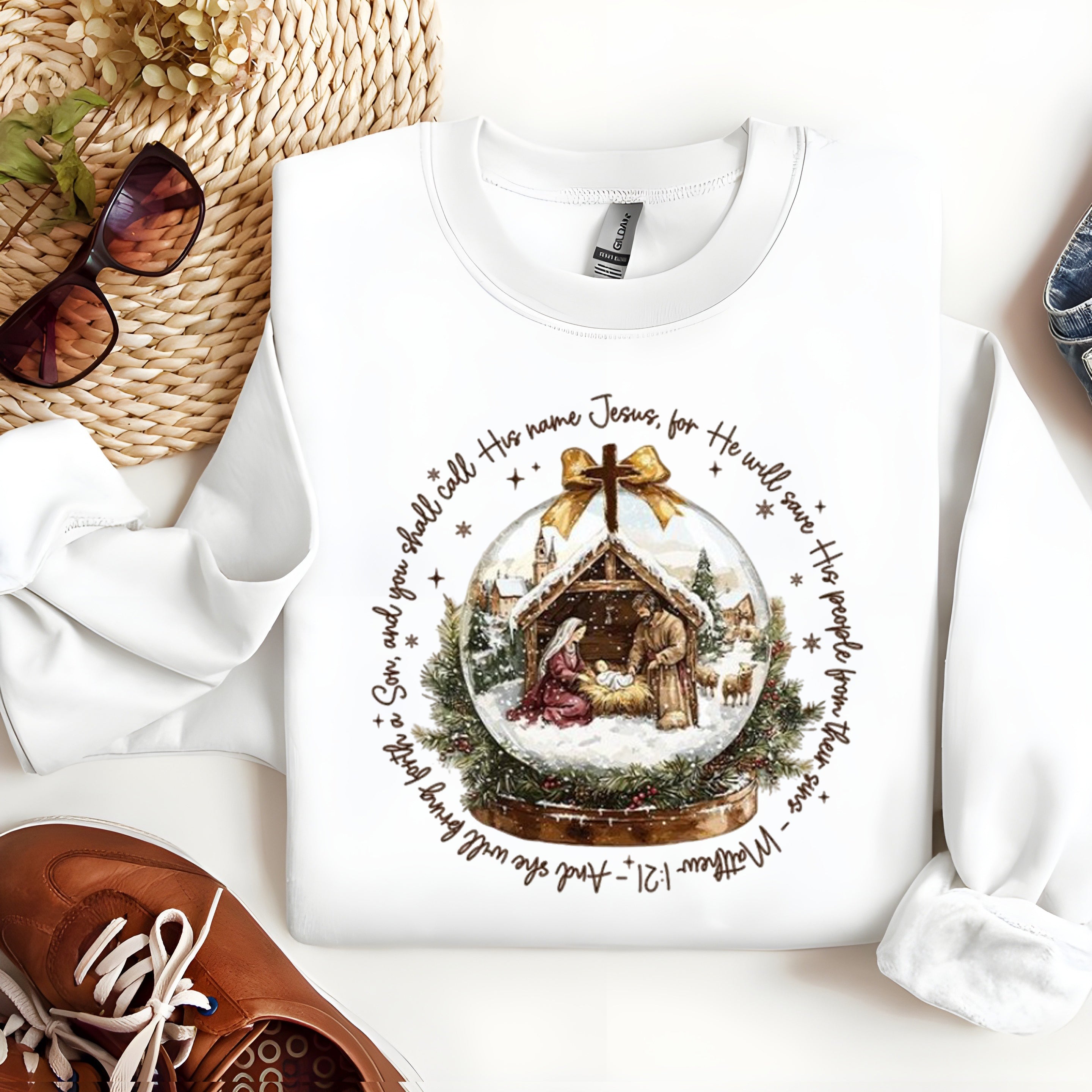 Nativity Scene Christmas Sweatshirt, Matthew 1:21 Bible Verse Pullover, Christian Holiday Religious Crewneck